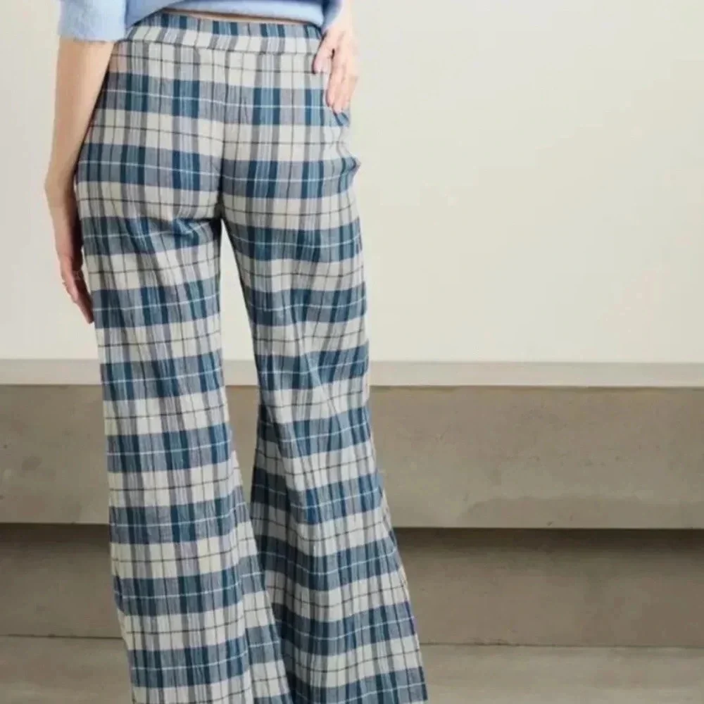 Suzie Kondi Elira Checked Cotton-Gauze Wide-Leg Pants - Blue & White Cottage - Picture 2 of 7